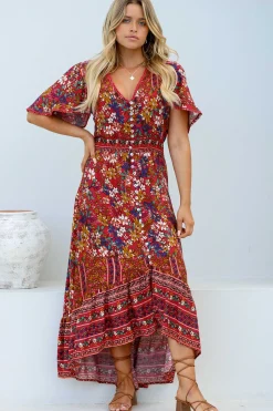 London Maxi Dress - Elasticated Waist Button Detail High Low Dress with Flutter Cap Sleeves in Floral Print><noscript><img width=