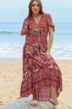 London Maxi Dress - Elasticated Waist Button Detail High Low Dress with Flutter Cap Sleeves in Floral Print><noscript><img width=