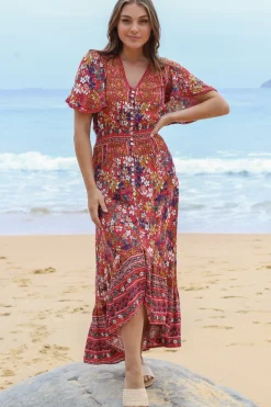 London Maxi Dress - Elasticated Waist Button Detail High Low Dress with Flutter Cap Sleeves in Floral Print><noscript><img width=