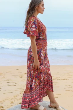 London Maxi Dress - Elasticated Waist Button Detail High Low Dress with Flutter Cap Sleeves in Floral Print><noscript><img width=