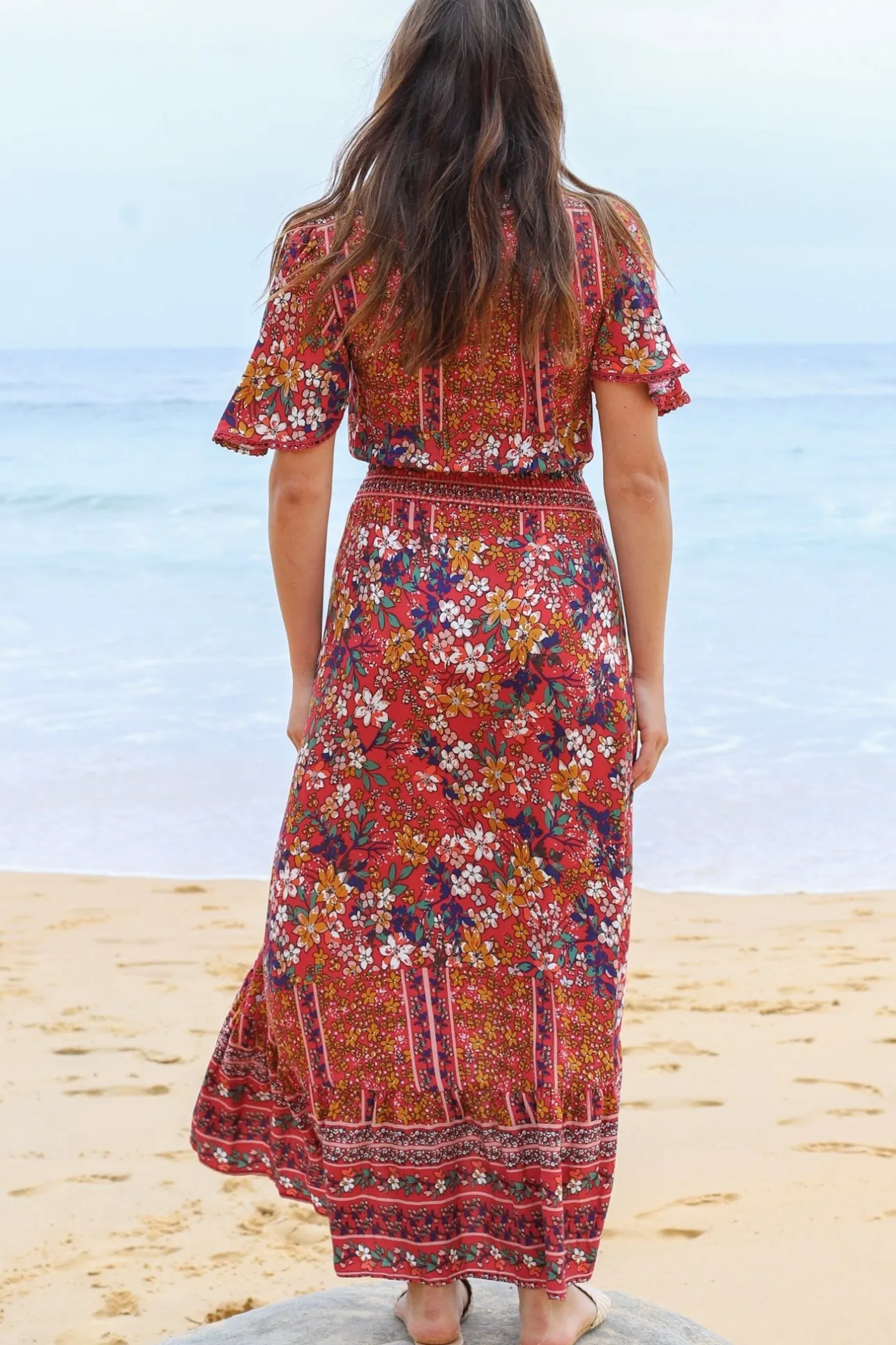 London Maxi Dress - Elasticated Waist Button Detail High Low Dress with Flutter Cap Sleeves in Floral Print>Salty Crush