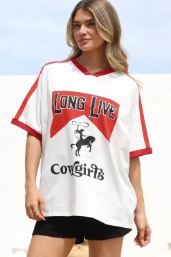 Long Live Cowgirls Tee - Graphic Print Short Sleeve T-Shirt with Racer Stripe Sleeves in White>Salty Crush Best