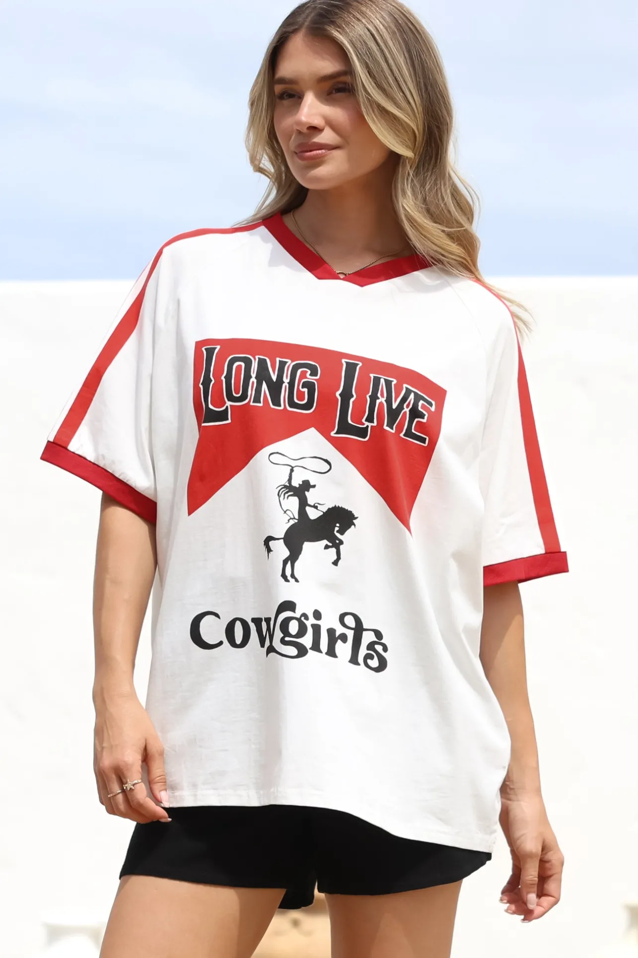 Long Live Cowgirls Tee - Graphic Print Short Sleeve T-Shirt with Racer Stripe Sleeves in White>Salty Crush Best