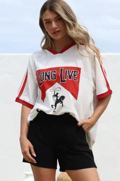 Long Live Cowgirls Tee - Graphic Print Short Sleeve T-Shirt with Racer Stripe Sleeves in White>Salty Crush Best