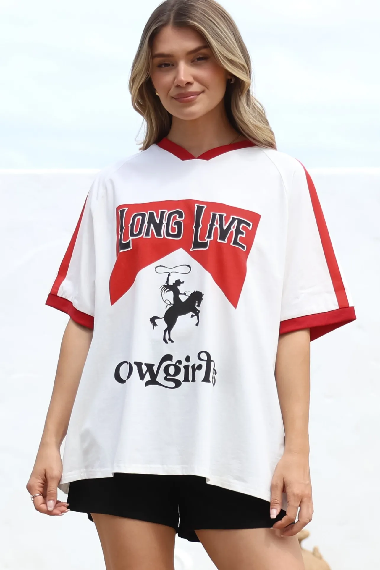 Long Live Cowgirls Tee - Graphic Print Short Sleeve T-Shirt with Racer Stripe Sleeves in White>Salty Crush Best