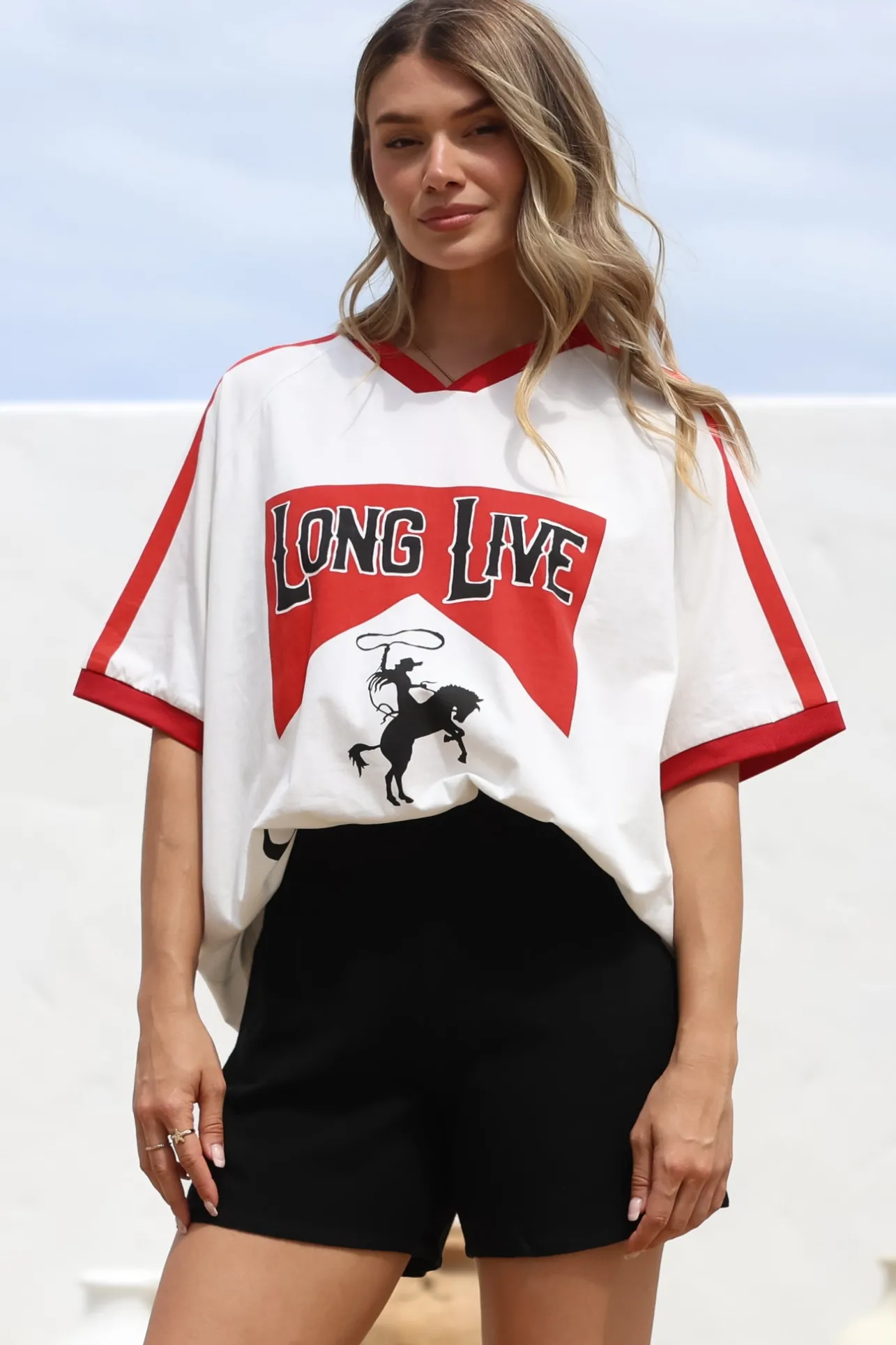 Long Live Cowgirls Tee - Graphic Print Short Sleeve T-Shirt with Racer Stripe Sleeves in White>Salty Crush Best