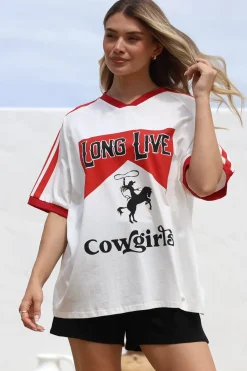 Long Live Cowgirls Tee - Graphic Print Short Sleeve T-Shirt with Racer Stripe Sleeves in White><noscript><img width=