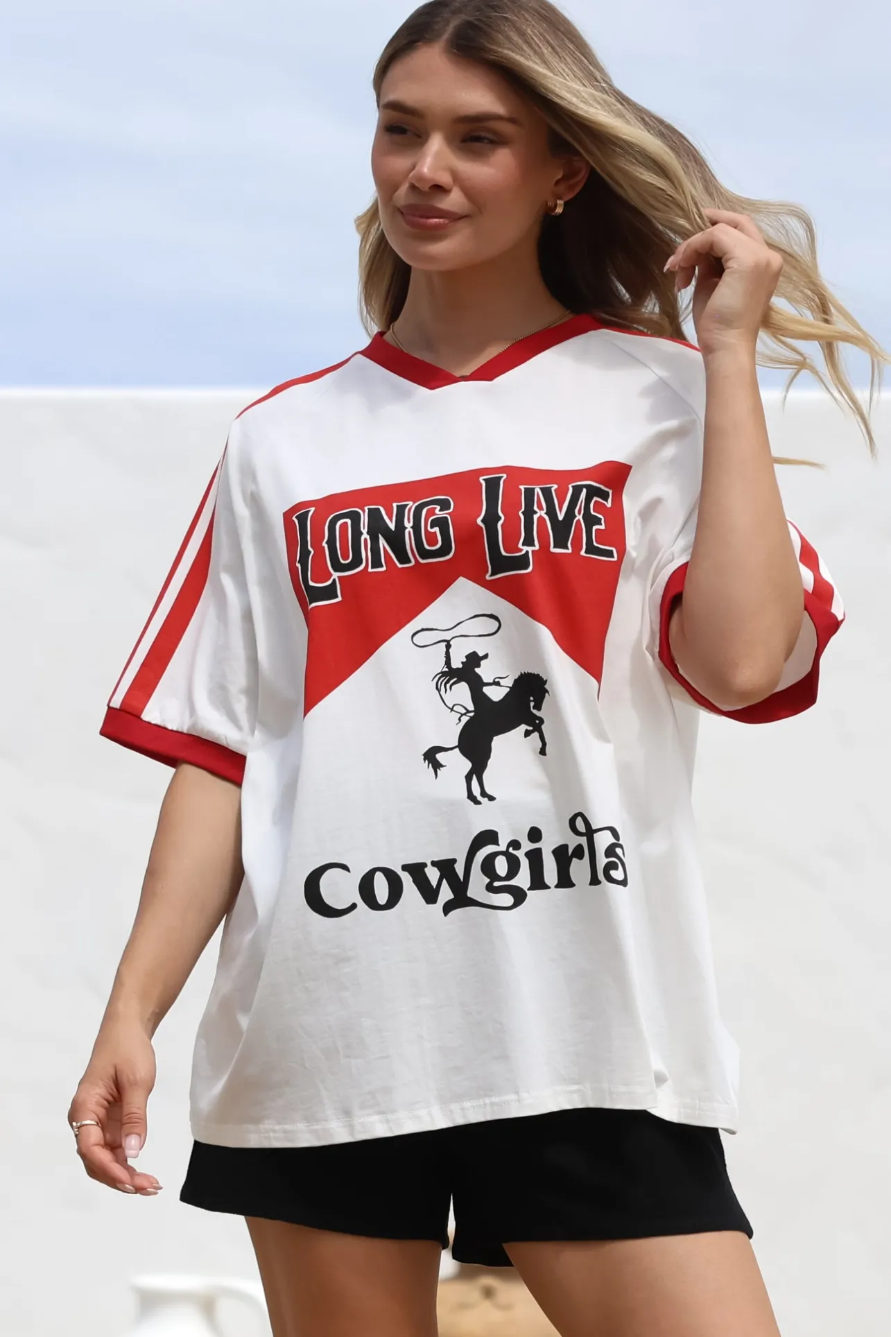 Long Live Cowgirls Tee - Graphic Print Short Sleeve T-Shirt with Racer Stripe Sleeves in White>Salty Crush Best