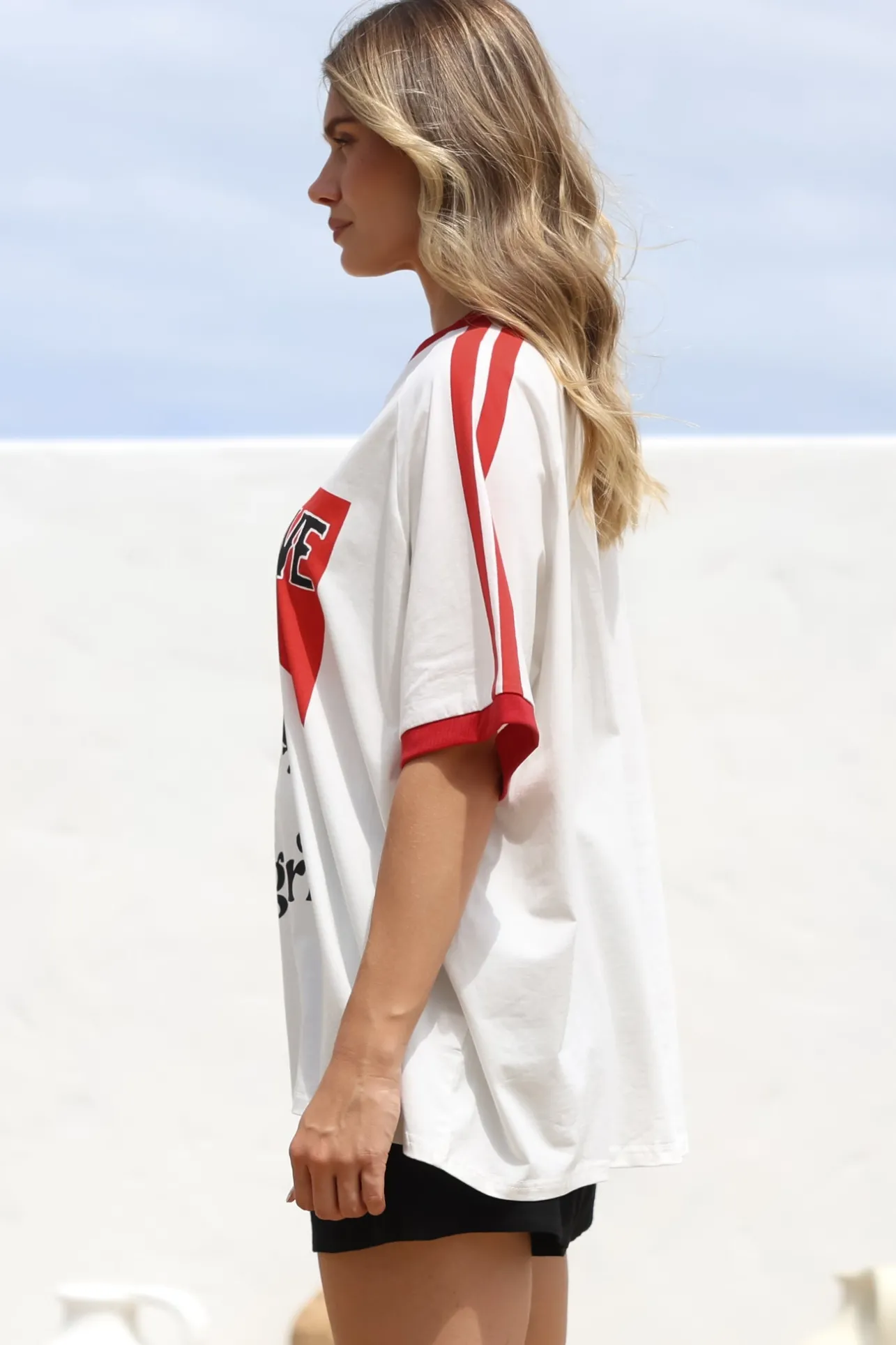 Long Live Cowgirls Tee - Graphic Print Short Sleeve T-Shirt with Racer Stripe Sleeves in White>Salty Crush Best