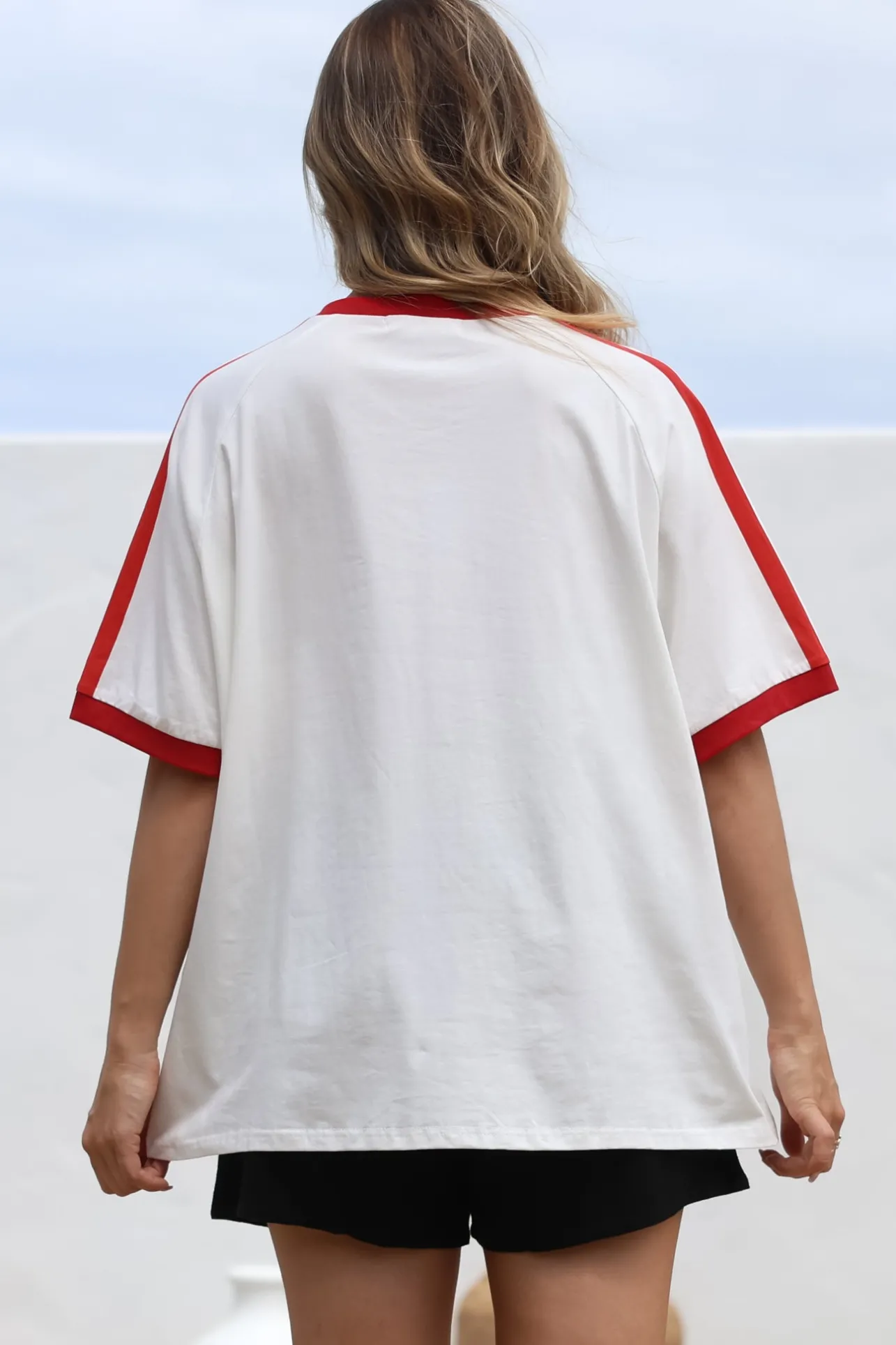 Long Live Cowgirls Tee - Graphic Print Short Sleeve T-Shirt with Racer Stripe Sleeves in White>Salty Crush Best