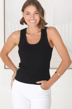 Lorena Ribbed Top - Scooped Neckline Thick Strap Ribbed Top in Black>Salty Crush Sale