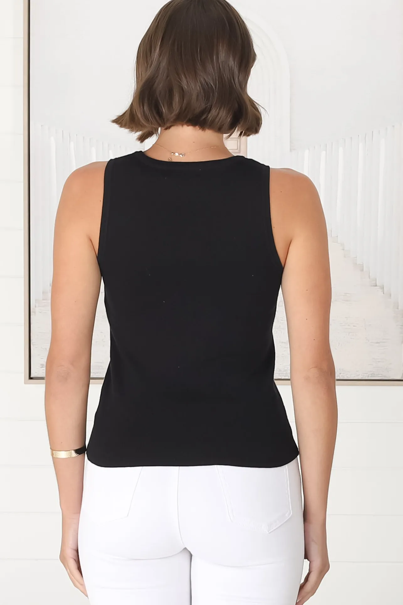 Lorena Ribbed Top - Scooped Neckline Thick Strap Ribbed Top in Black>Salty Crush Sale