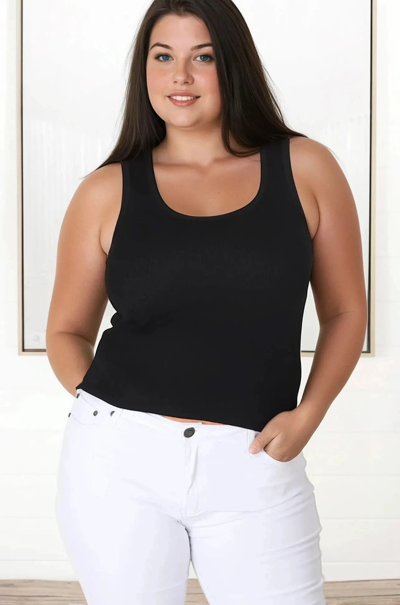 Lorena Ribbed Top - Scooped Neckline Thick Strap Ribbed Top in Black>Salty Crush Sale