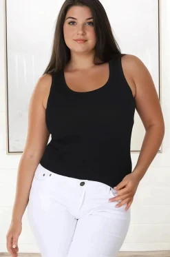 Lorena Ribbed Top - Scooped Neckline Thick Strap Ribbed Top in Black><noscript><img width=