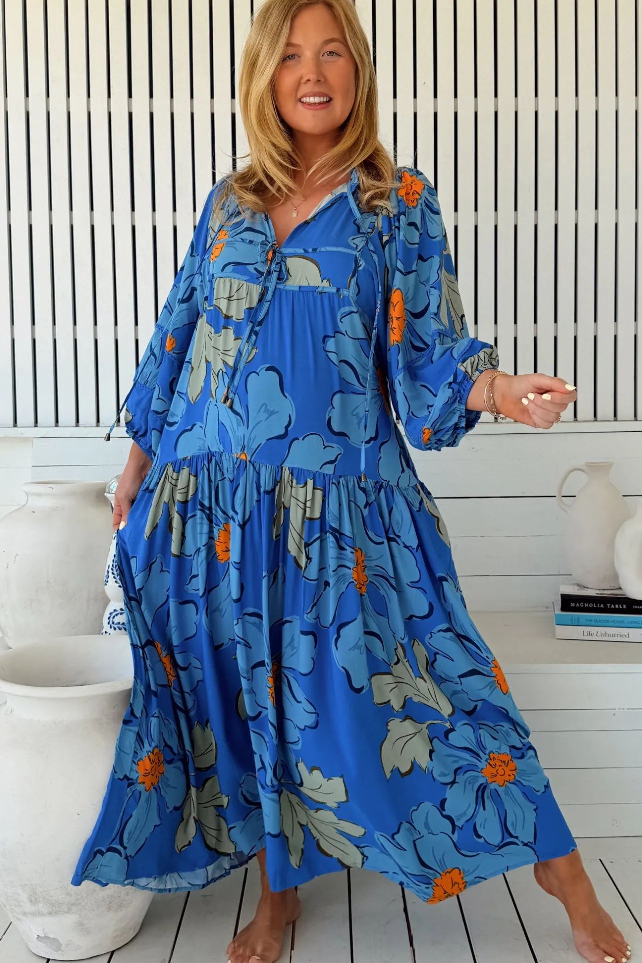 Loretta Maxi Dress - Yoke Bodice Tiered Dress with Lace Spliced Balloon Sleeves in Blue Bell Print>Jaase Sale
