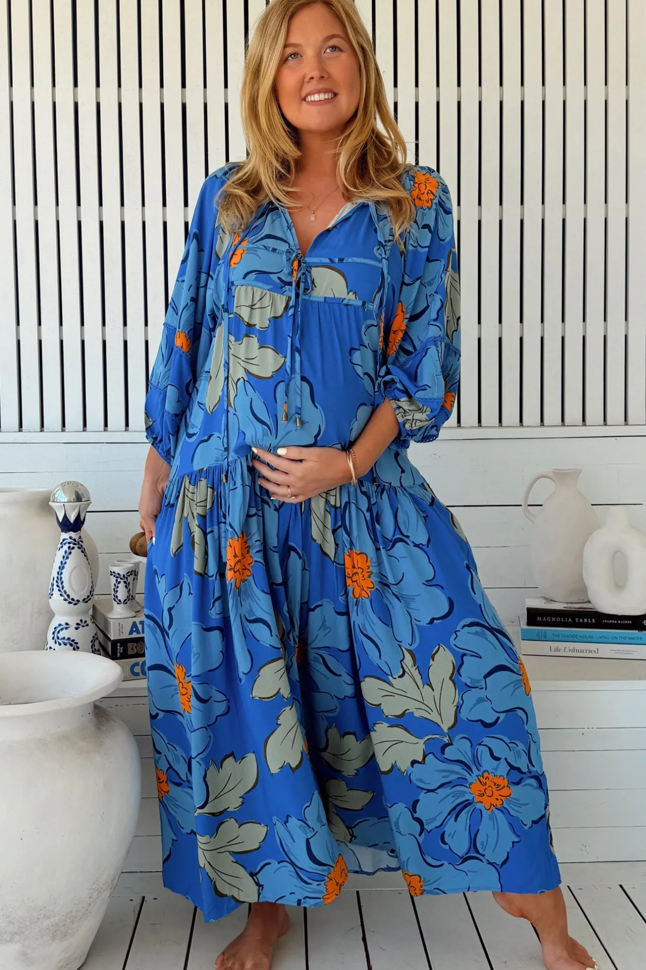 Loretta Maxi Dress - Yoke Bodice Tiered Dress with Lace Spliced Balloon Sleeves in Blue Bell Print>Jaase Sale