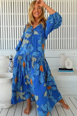 Loretta Maxi Dress - Yoke Bodice Tiered Dress with Lace Spliced Balloon Sleeves in Blue Bell Print><noscript><img width=