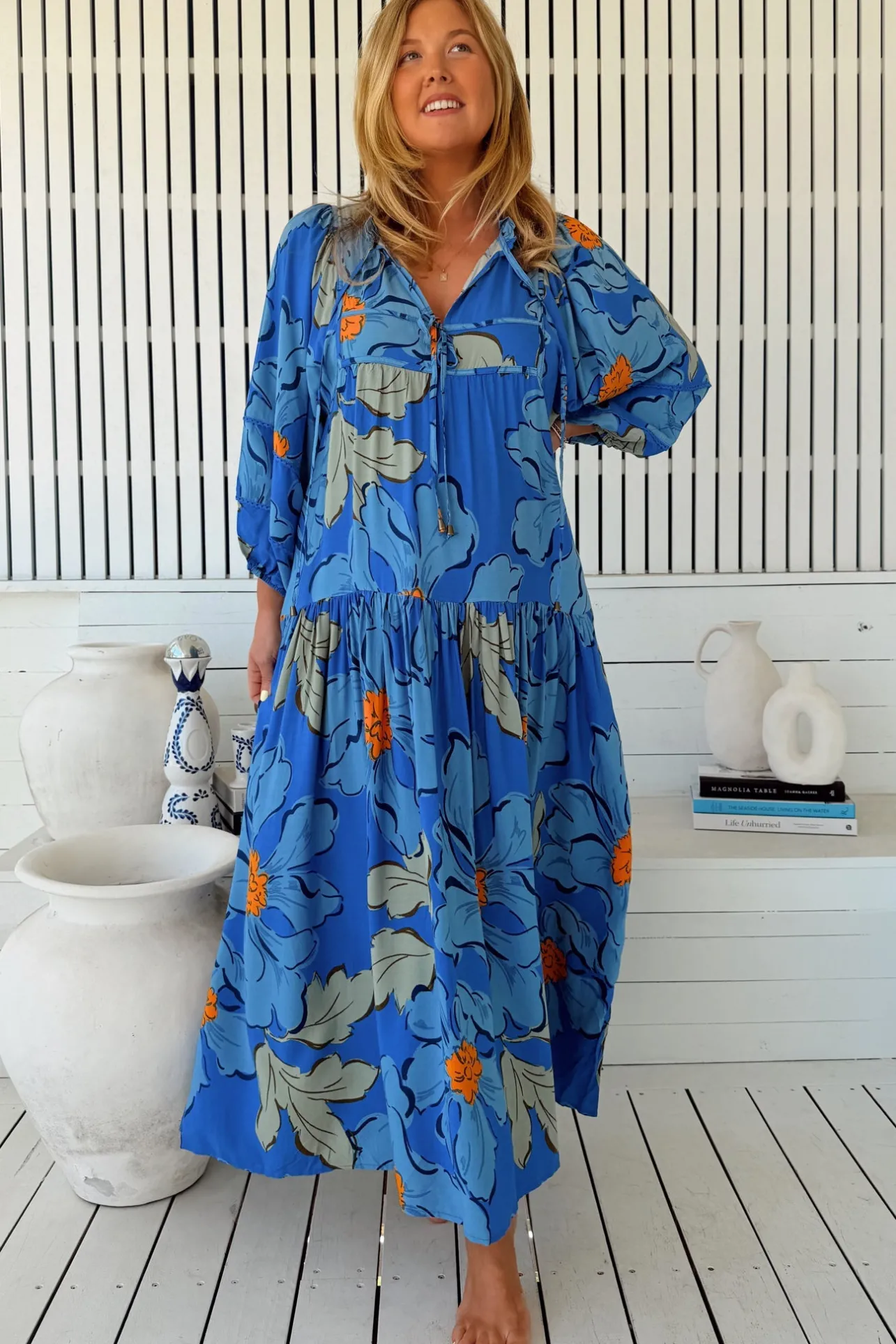 Loretta Maxi Dress - Yoke Bodice Tiered Dress with Lace Spliced Balloon Sleeves in Blue Bell Print>Jaase Sale