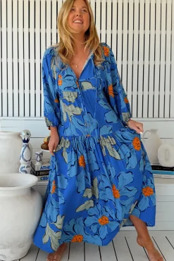 Loretta Maxi Dress - Yoke Bodice Tiered Dress with Lace Spliced Balloon Sleeves in Blue Bell Print><noscript><img width=