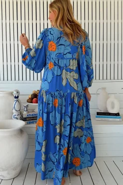 Loretta Maxi Dress - Yoke Bodice Tiered Dress with Lace Spliced Balloon Sleeves in Blue Bell Print><noscript><img width=