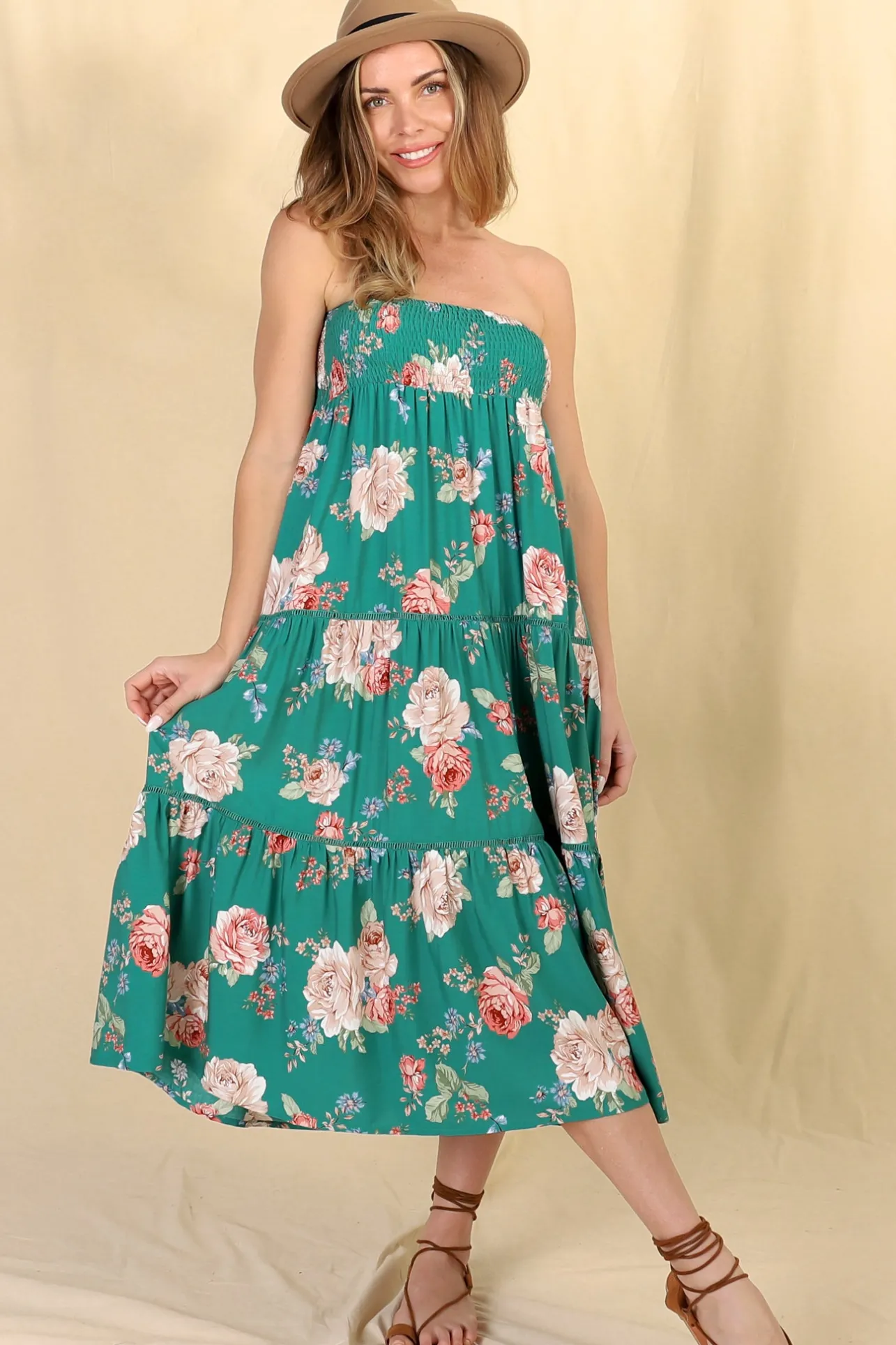 Louise Maxi Skirt/Midi Dress - Shirred Waistband Tiered Skirt or Dress in Floral Print>Salty Crush Clearance