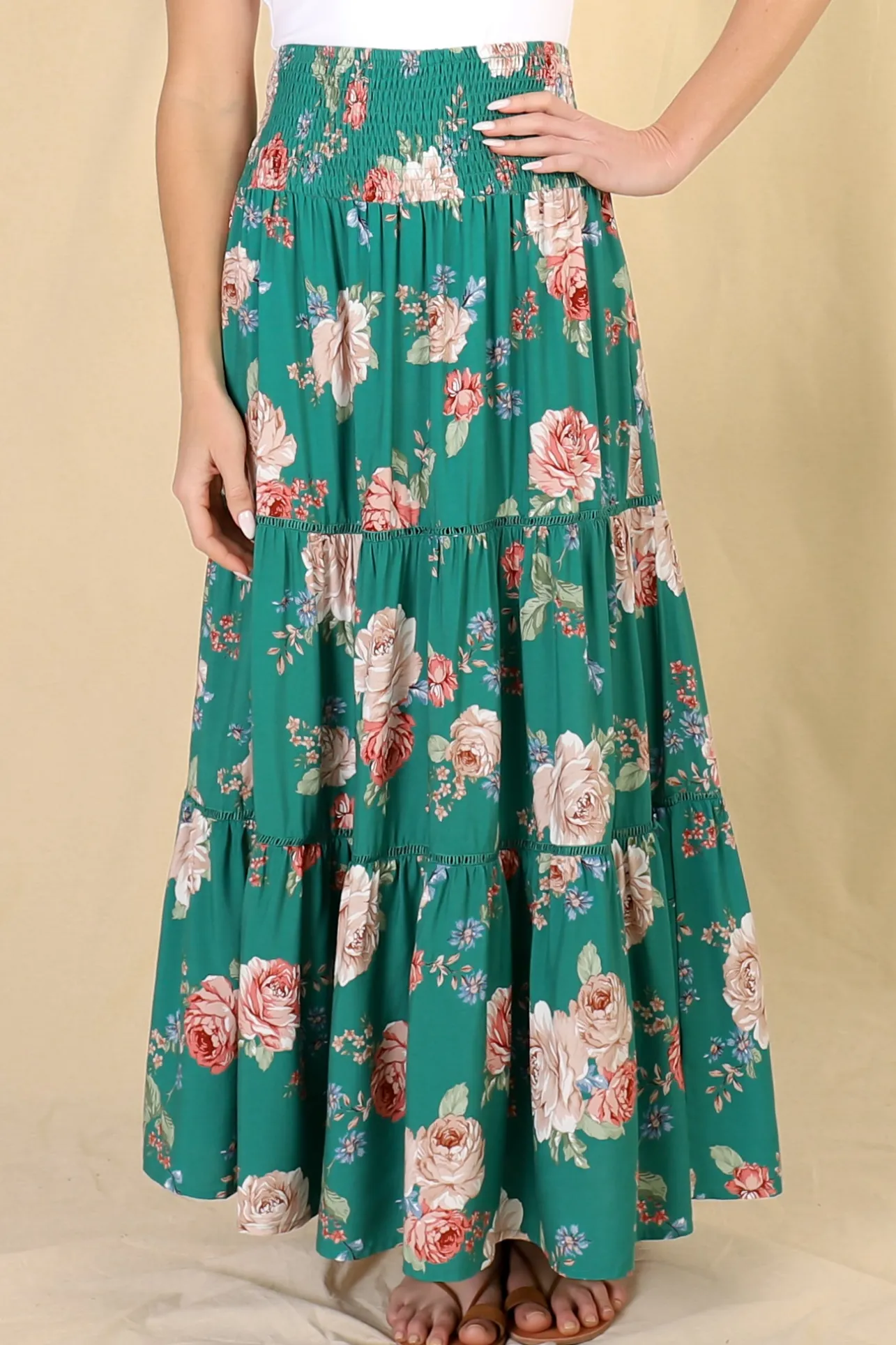 Louise Maxi Skirt/Midi Dress - Shirred Waistband Tiered Skirt or Dress in Floral Print>Salty Crush Clearance