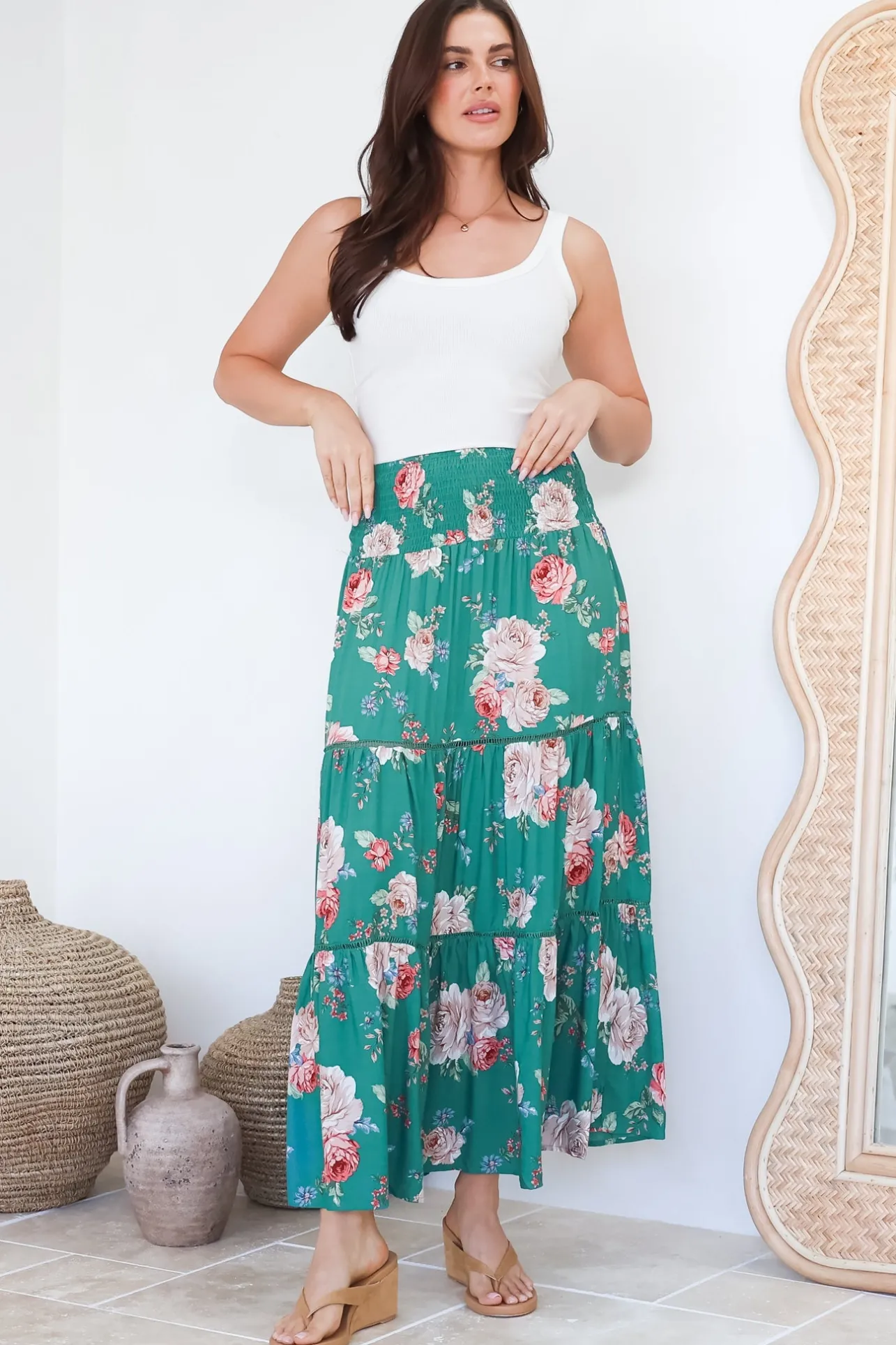 Louise Maxi Skirt/Midi Dress - Shirred Waistband Tiered Skirt or Dress in Floral Print>Salty Crush Clearance