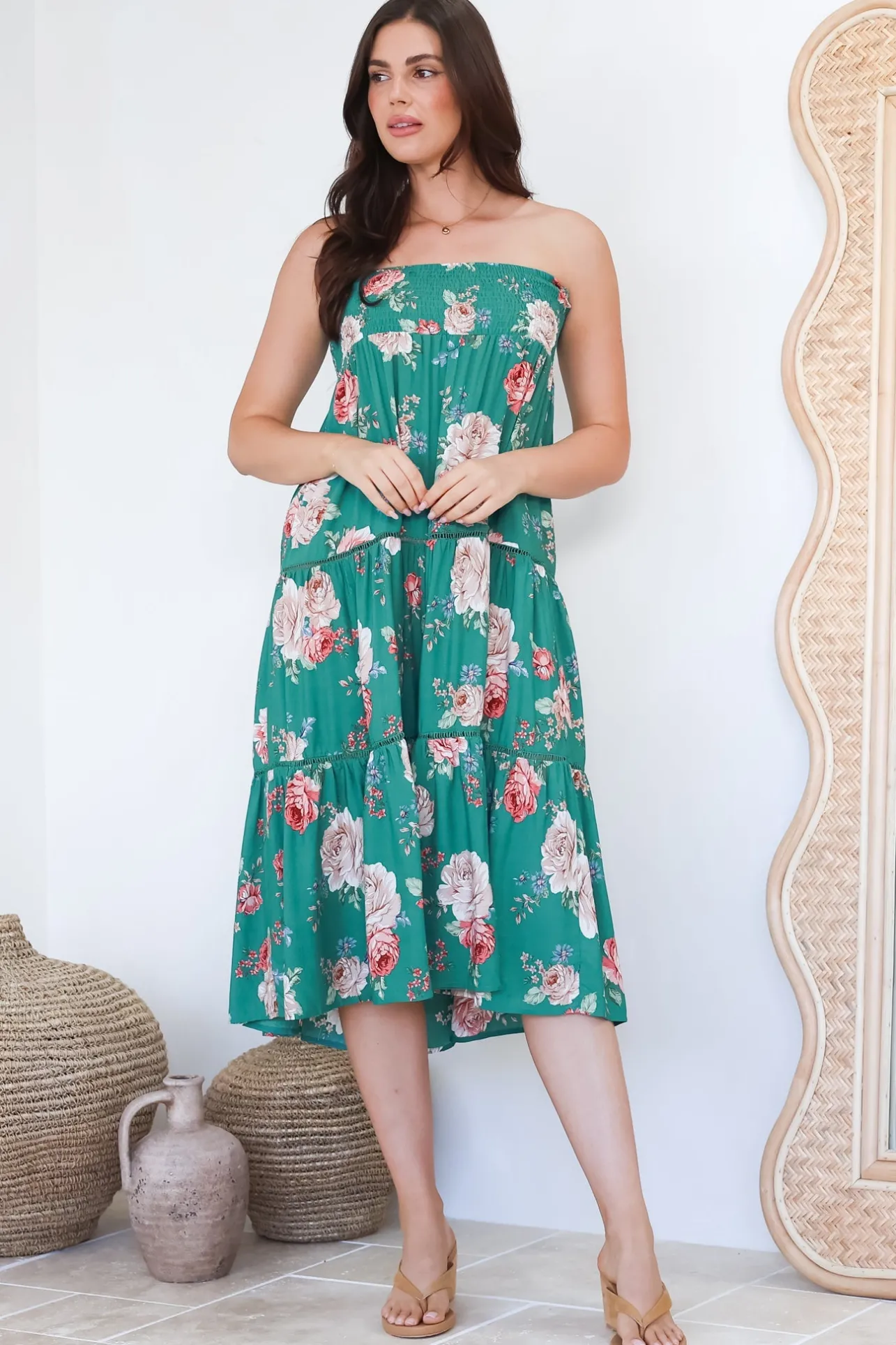 Louise Maxi Skirt/Midi Dress - Shirred Waistband Tiered Skirt or Dress in Floral Print>Salty Crush Clearance