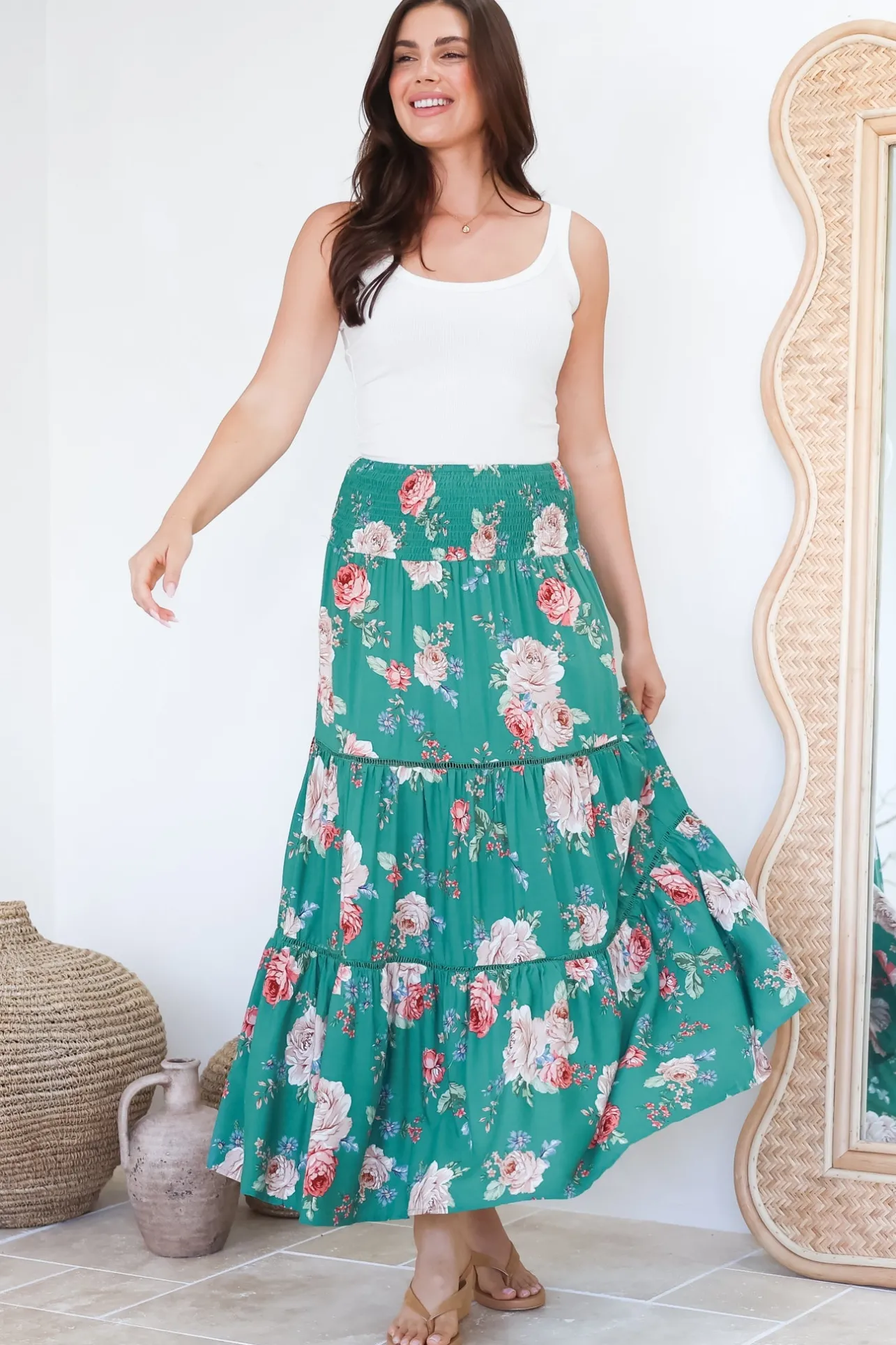 Louise Maxi Skirt/Midi Dress - Shirred Waistband Tiered Skirt or Dress in Floral Print>Salty Crush Clearance
