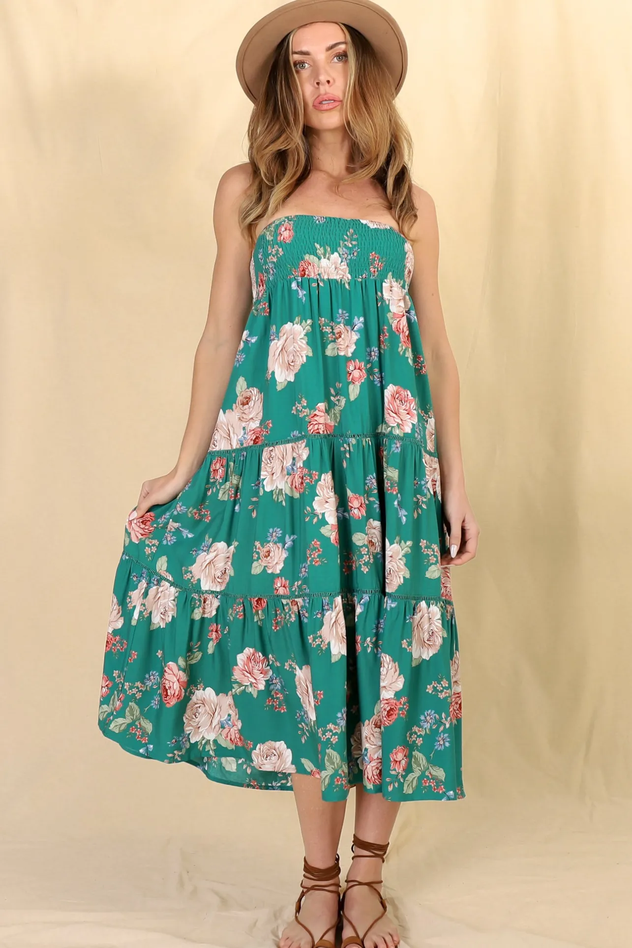 Louise Maxi Skirt/Midi Dress - Shirred Waistband Tiered Skirt or Dress in Floral Print>Salty Crush Clearance