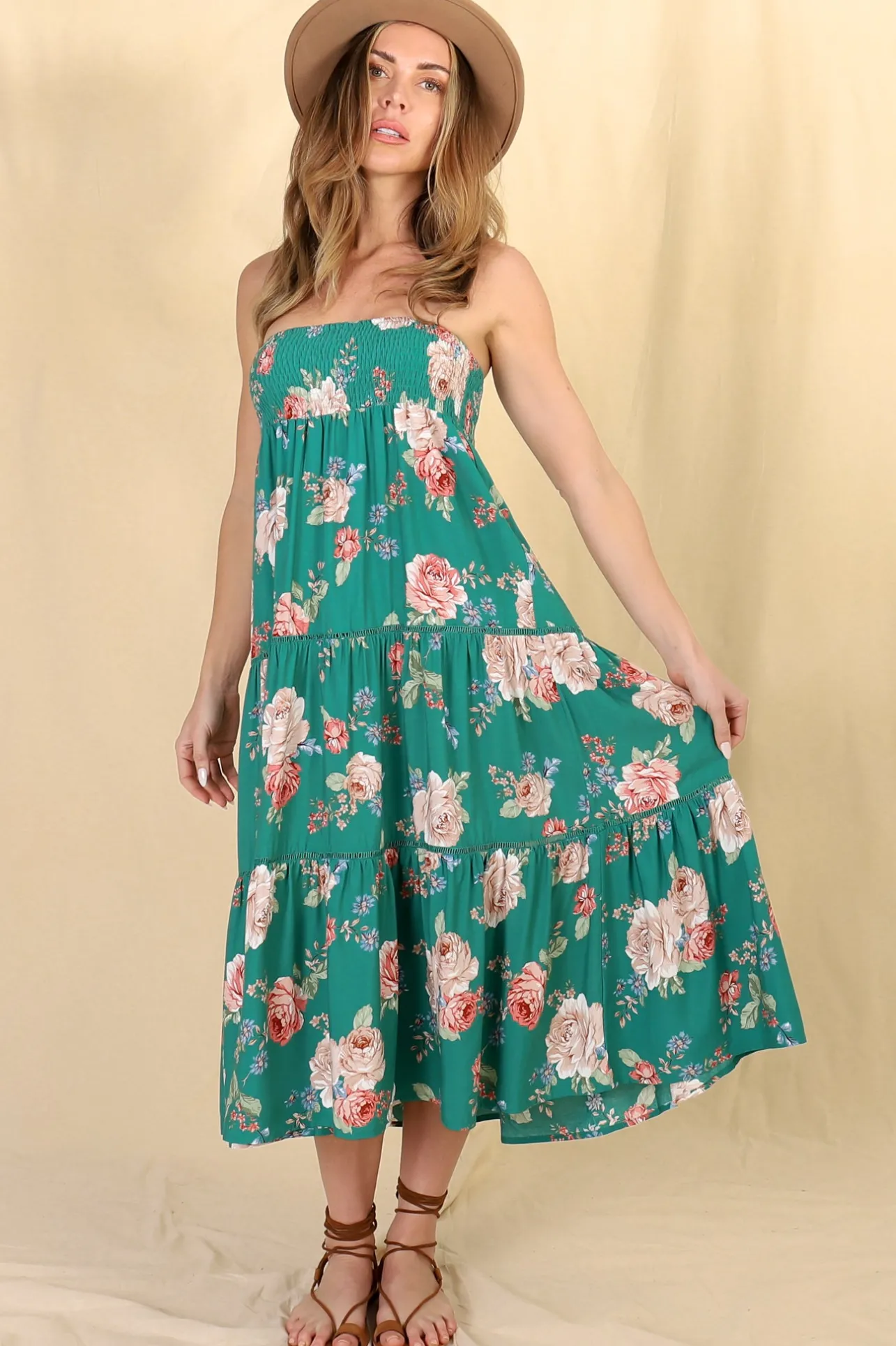 Louise Maxi Skirt/Midi Dress - Shirred Waistband Tiered Skirt or Dress in Floral Print>Salty Crush Clearance