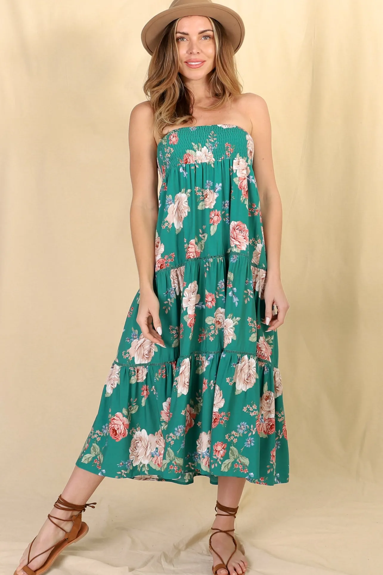 Louise Maxi Skirt/Midi Dress - Shirred Waistband Tiered Skirt or Dress in Floral Print>Salty Crush Clearance