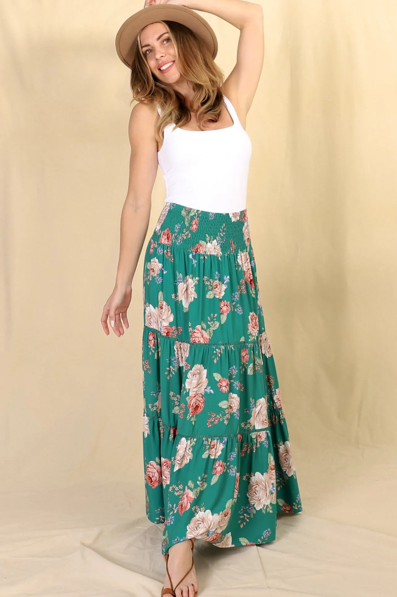 Louise Maxi Skirt/Midi Dress - Shirred Waistband Tiered Skirt or Dress in Floral Print>Salty Crush Clearance