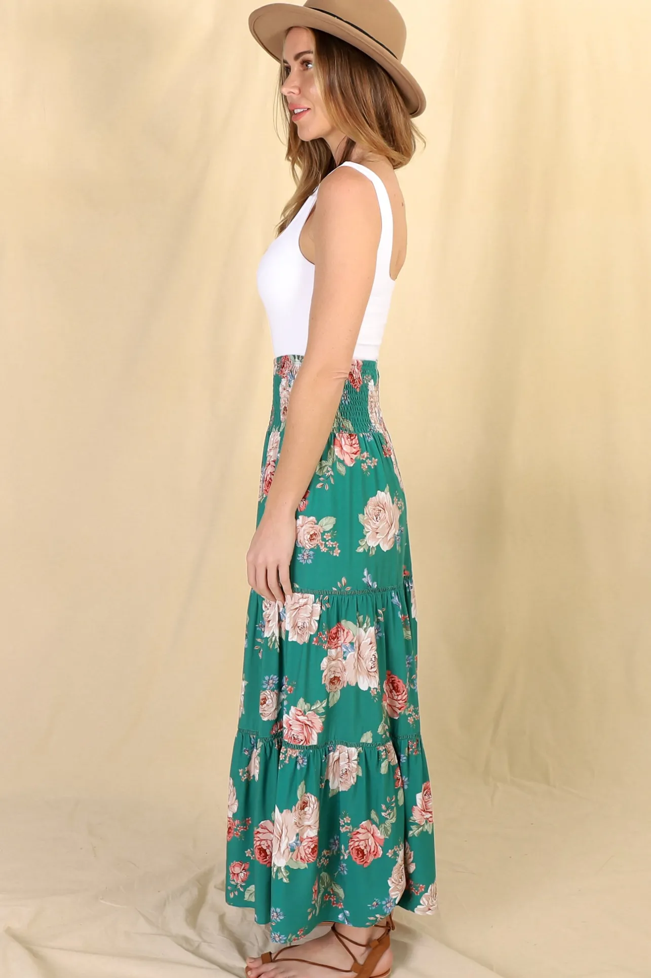 Louise Maxi Skirt/Midi Dress - Shirred Waistband Tiered Skirt or Dress in Floral Print>Salty Crush Clearance