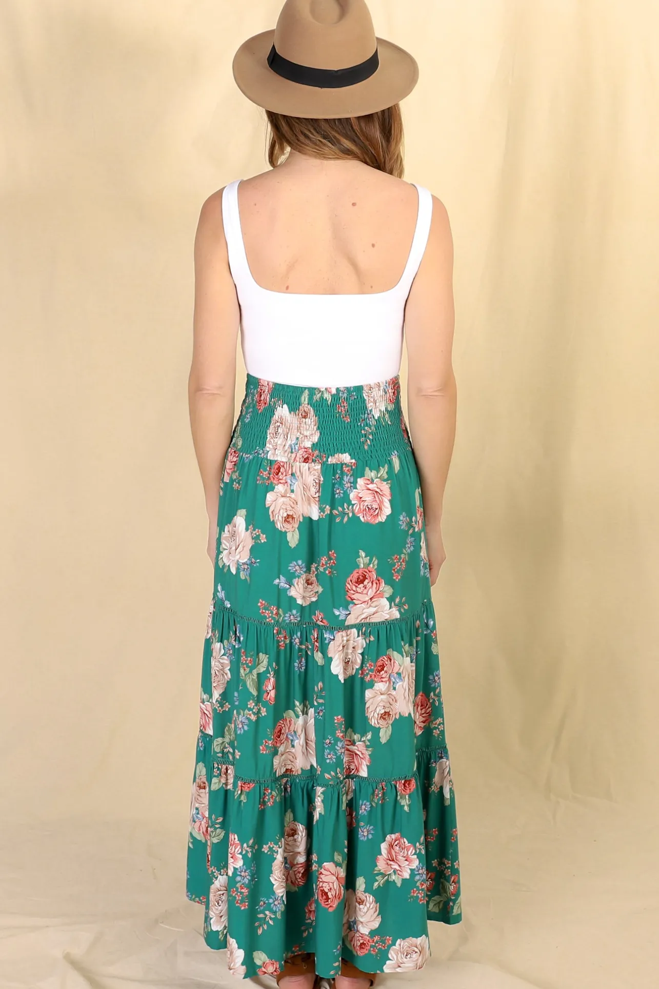 Louise Maxi Skirt/Midi Dress - Shirred Waistband Tiered Skirt or Dress in Floral Print>Salty Crush Clearance