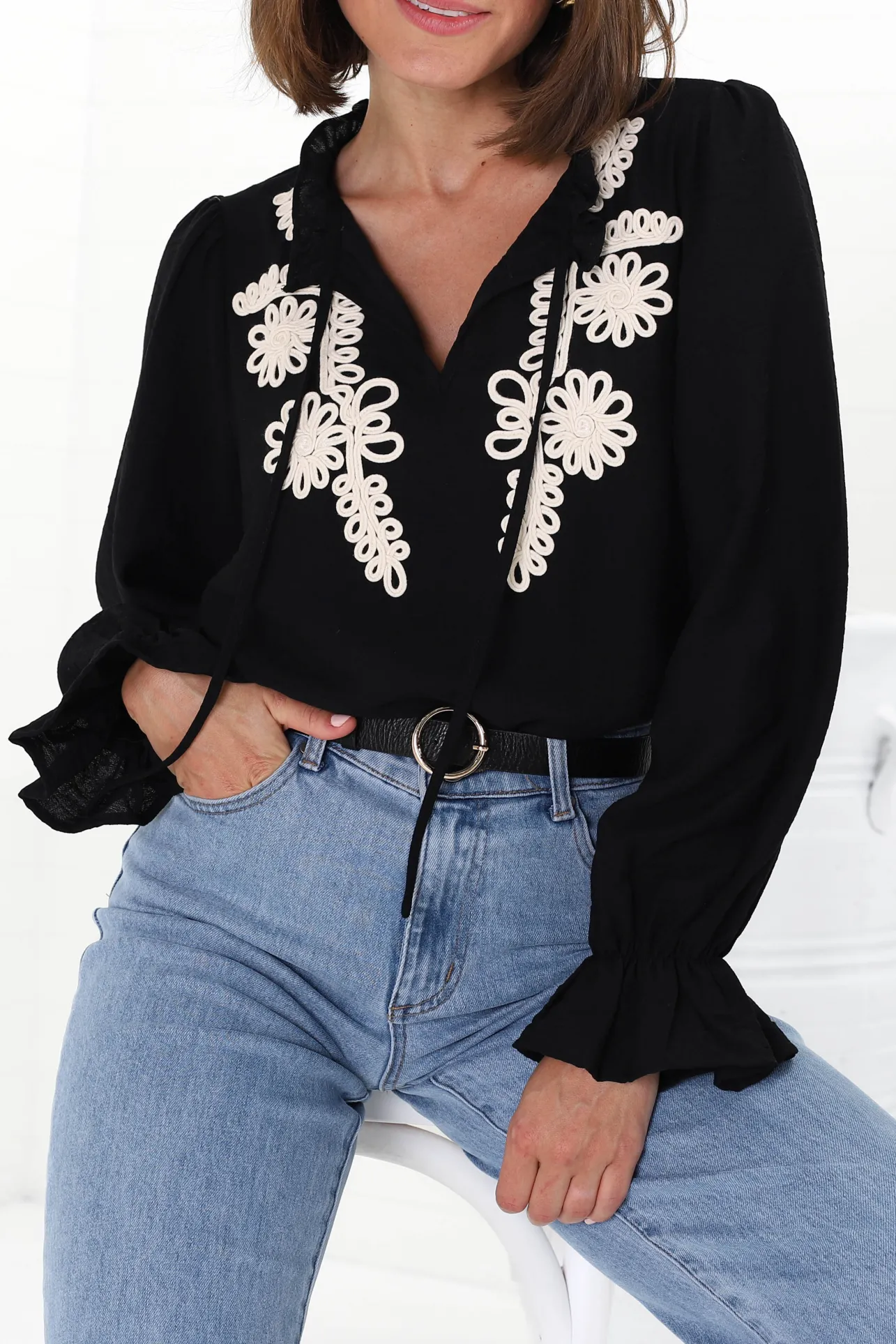 Lucian Blouse - Frill Neckline Pull Over Floral Decal Blouse in Black>Salty Crush Online