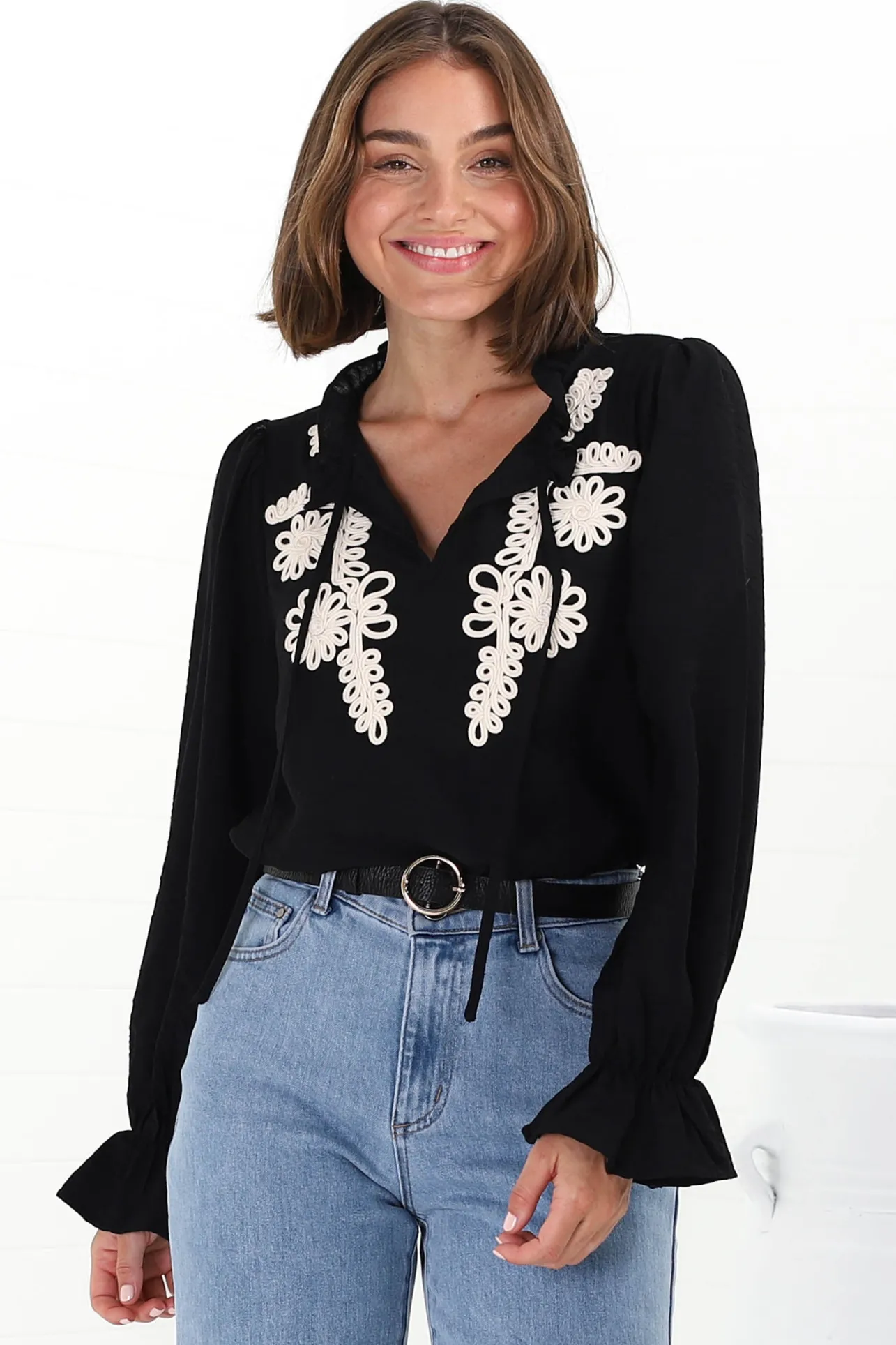 Lucian Blouse - Frill Neckline Pull Over Floral Decal Blouse in Black>Salty Crush Online