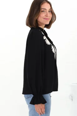 Lucian Blouse - Frill Neckline Pull Over Floral Decal Blouse in Black><noscript><img width=