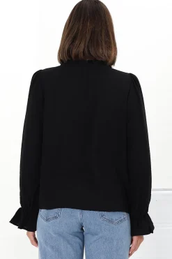 Lucian Blouse - Frill Neckline Pull Over Floral Decal Blouse in Black><noscript><img width=