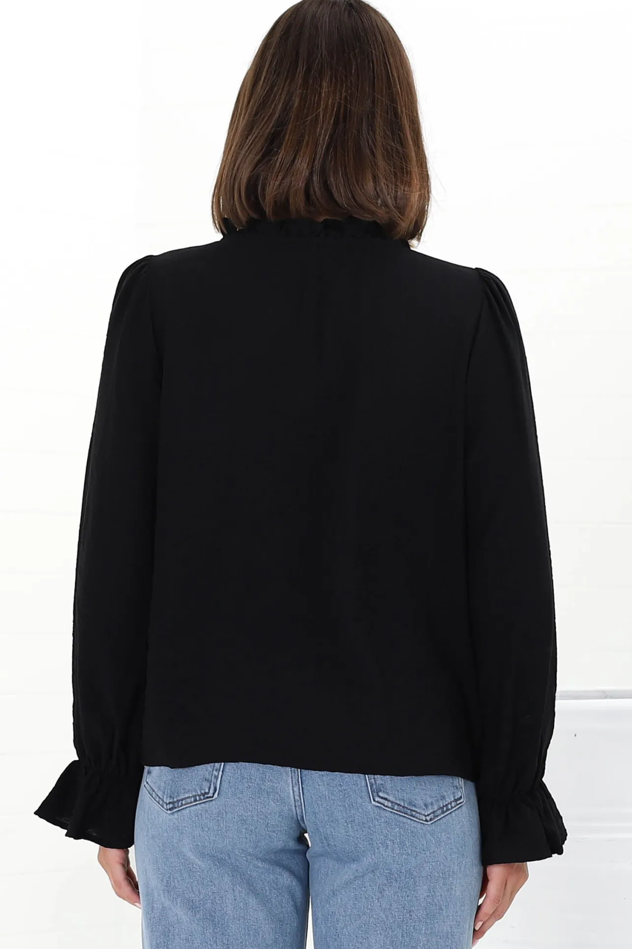 Lucian Blouse - Frill Neckline Pull Over Floral Decal Blouse in Black>Salty Crush Online