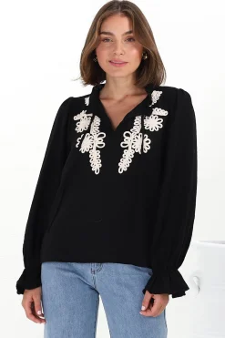 Lucian Blouse - Frill Neckline Pull Over Floral Decal Blouse in Black><noscript><img width=