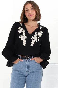 Lucian Blouse - Frill Neckline Pull Over Floral Decal Blouse in Black><noscript><img width=