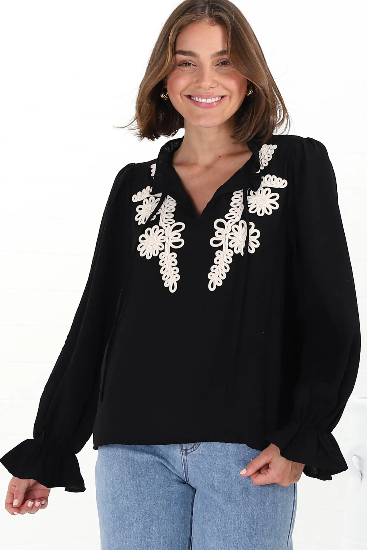 Lucian Blouse - Frill Neckline Pull Over Floral Decal Blouse in Black>Salty Crush Online