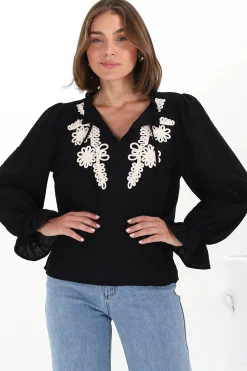 Lucian Blouse - Frill Neckline Pull Over Floral Decal Blouse in Black><noscript><img width=
