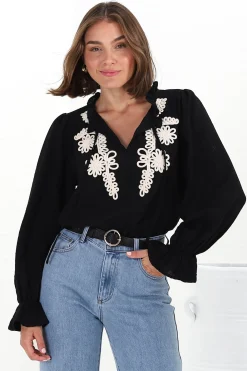 Lucian Blouse - Frill Neckline Pull Over Floral Decal Blouse in Black><noscript><img width=
