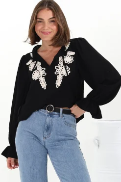 Lucian Blouse - Frill Neckline Pull Over Floral Decal Blouse in Black><noscript><img width=