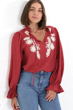 Lucian Blouse - Frill Neckline Pull Over Floral Decal Blouse in Red>Salty Crush Discount