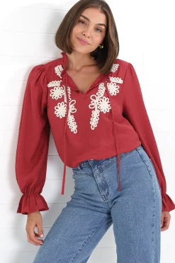 Lucian Blouse - Frill Neckline Pull Over Floral Decal Blouse in Red><noscript><img width=
