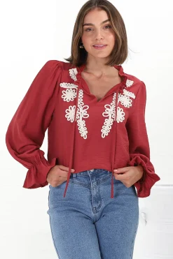 Lucian Blouse - Frill Neckline Pull Over Floral Decal Blouse in Red><noscript><img width=