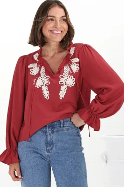 Lucian Blouse - Frill Neckline Pull Over Floral Decal Blouse in Red><noscript><img width=
